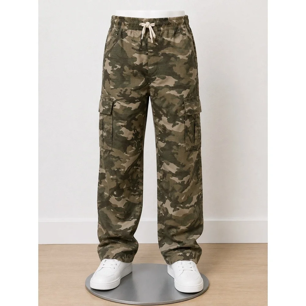 Old Navy Boys Camo Cargo Pants XL 14-16 Green Ripstop Drawstring Waist